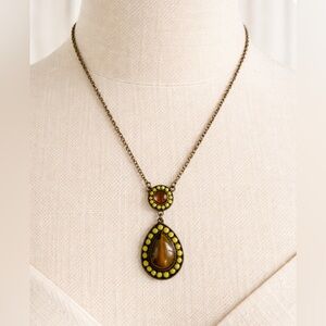 Boho Teardrop Pendant Necklace - Amber Tone & Lime Bead Detail